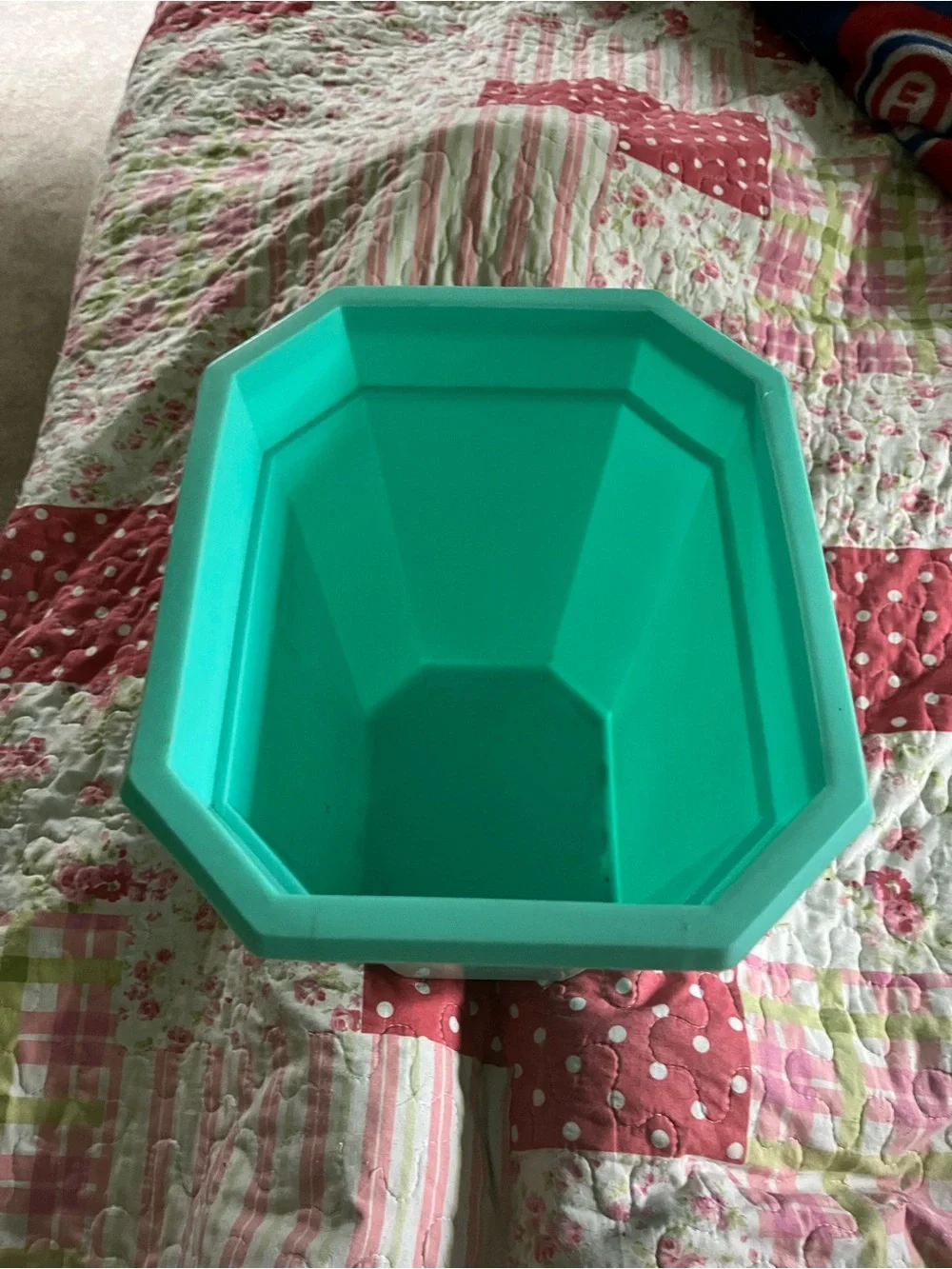Aqua Plastic Vintage Trash Can with Gold Leaf Accent